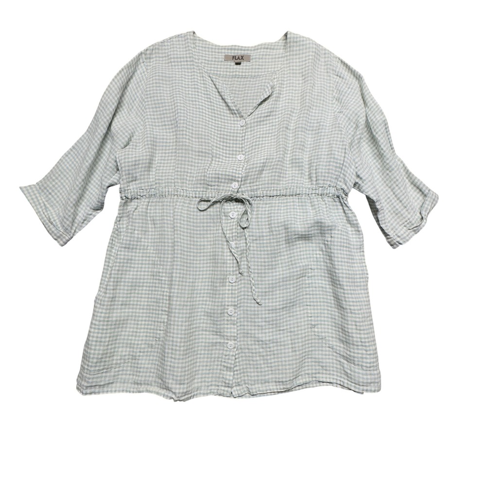 FLAX 100% Linen Gingham Button Front Tunic Top L Cover Up Coastal Beach Vacation